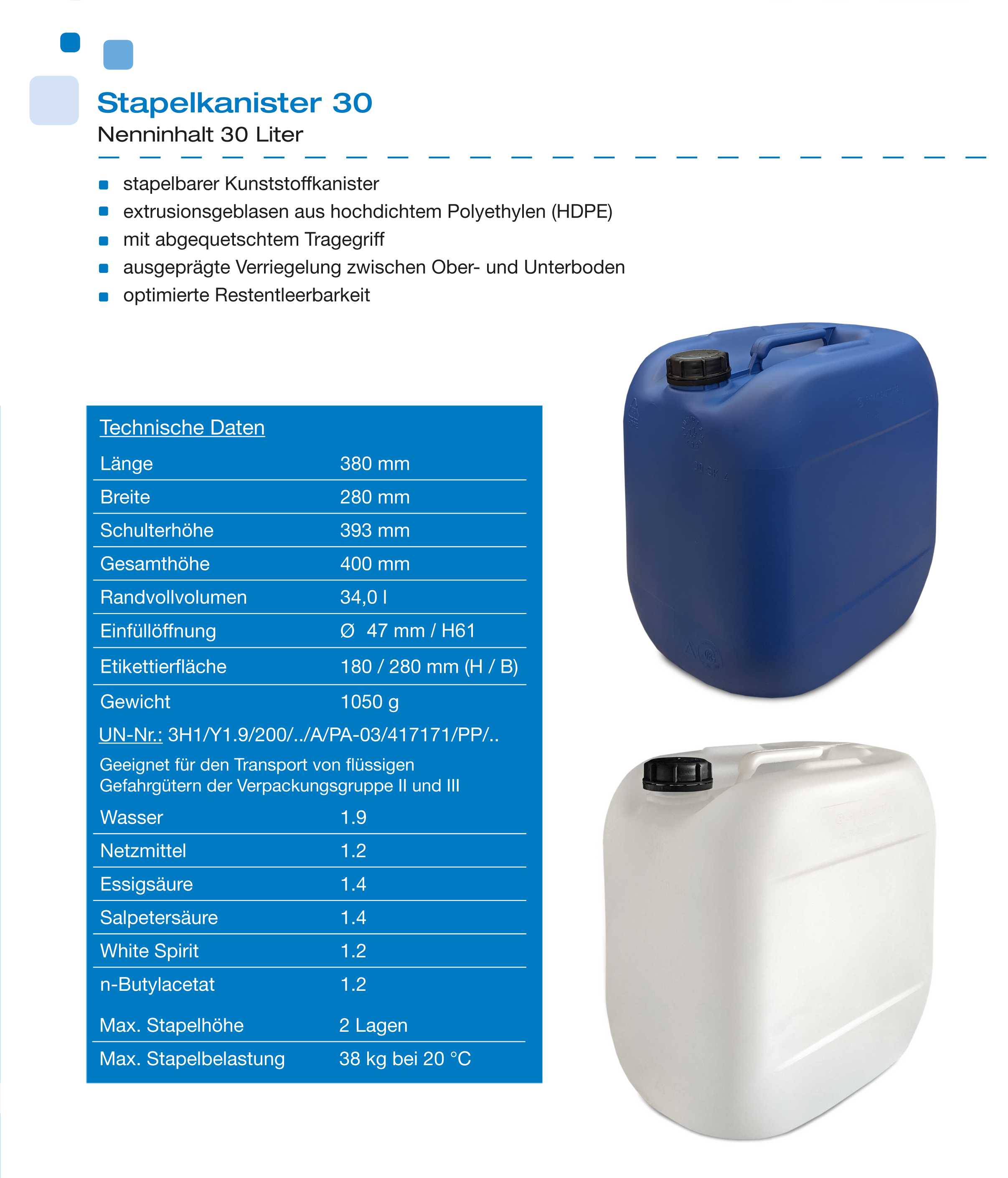 Bidon plastique 30 L, DIN 61 Bleu, HDPE alimentaire, fab. en